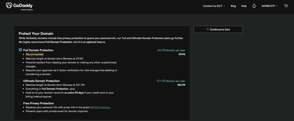 Screenshot of available protection packages on GoDaddy
