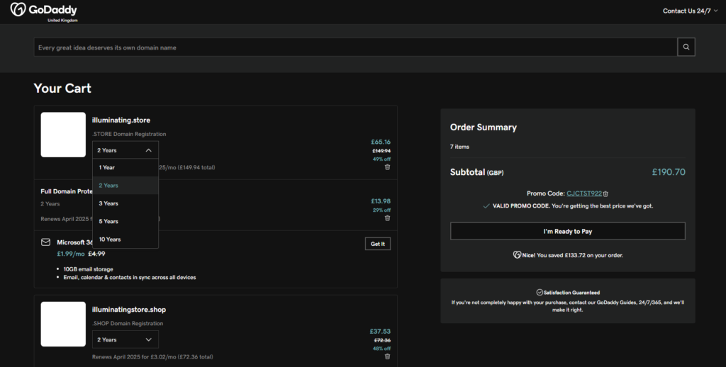 Screenshot of the shopping cart on GoDaddy