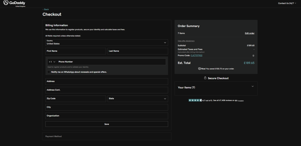 Screenshot of the payment details page on GoDaddy